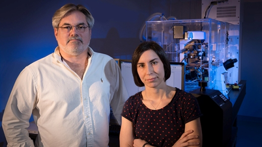 Используя возможности своего роботизированного микроскопа, Стив Финкбайнер (Steve Finkbeiner) (слева) и Гайя Скибински (Gaia Skibinski) доказали, что уникальное взаимодействие двух белков может являться драйвером самого распространенного генетического механизма развития болезни Паркинсона.