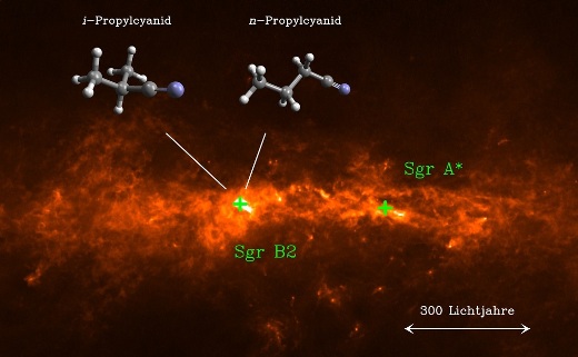 Пыль и молекулы в центральной области нашей Галактики. С помощью телескопа ALMA на расстоянии около 300 световых лет от Sgr A* – центра Млечного Пути – в области звездообразования Sgr B2 обнаружена органическая молекула изопропилцианида (i-C3H7CN, слева) с разветвленным углеродным остовом, а также ее изомер с неразветвленной структурой нормальный пропилцианид (n-C3H7CN, справа).