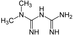 Структурная формула метформина – антигипергликемического препарата из группы диметилбигуанидов, наиболее часто назначаемого для лечения диабета 2 типа. Взаимодействия бигуанид/металл позволяет препаратам этой группы регулировать активность AMPK, синтез глюкозы, экспрессию генов глюконеогенеза, митохондриальное дыхание и митохондриальное связывание меди.