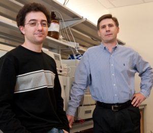 Аспирант Леонид Вигдерман (слева) и профессор Евгений Зубарев нашли способ загрузить более чем 2 миллиона мельчайших частиц золота – наностержней – в одну раковую клетку.